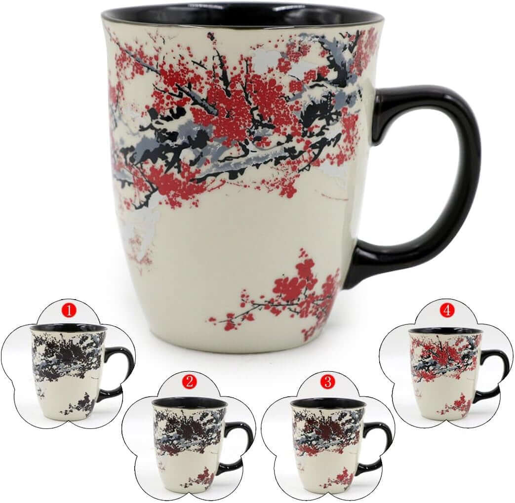 A 16oz Color Changing Heat Sensitive Magic Porcelain Mug, cream-colored with black and red abstract floral patterns, displayed from four angles to showcase the wraparound design.