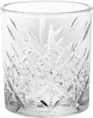 A set of six 7-ounce etched whiskey glasses, each with a faceted, diamond-cut pattern on the lower half, crafted from lead-free glass.