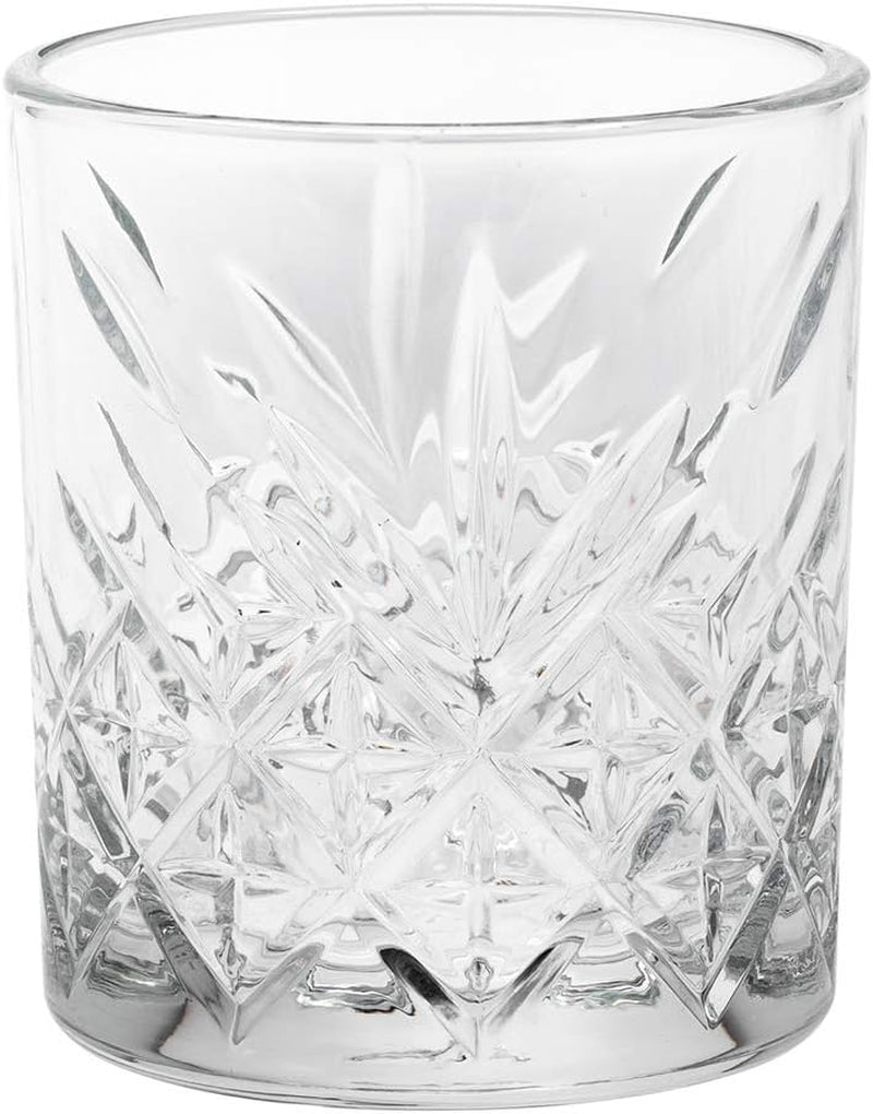 A set of six 7-ounce etched whiskey glasses, each with a faceted, diamond-cut pattern on the lower half, crafted from lead-free glass.