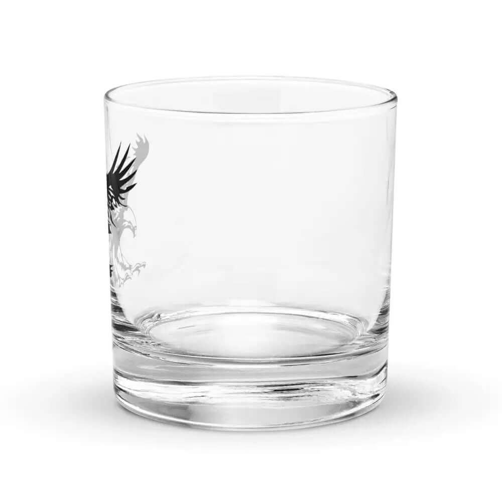 The 10.5 oz Eagle Rocks Glass for whiskey or bourbon features a partial black eagle design on the left side and is photographed against a white background.
