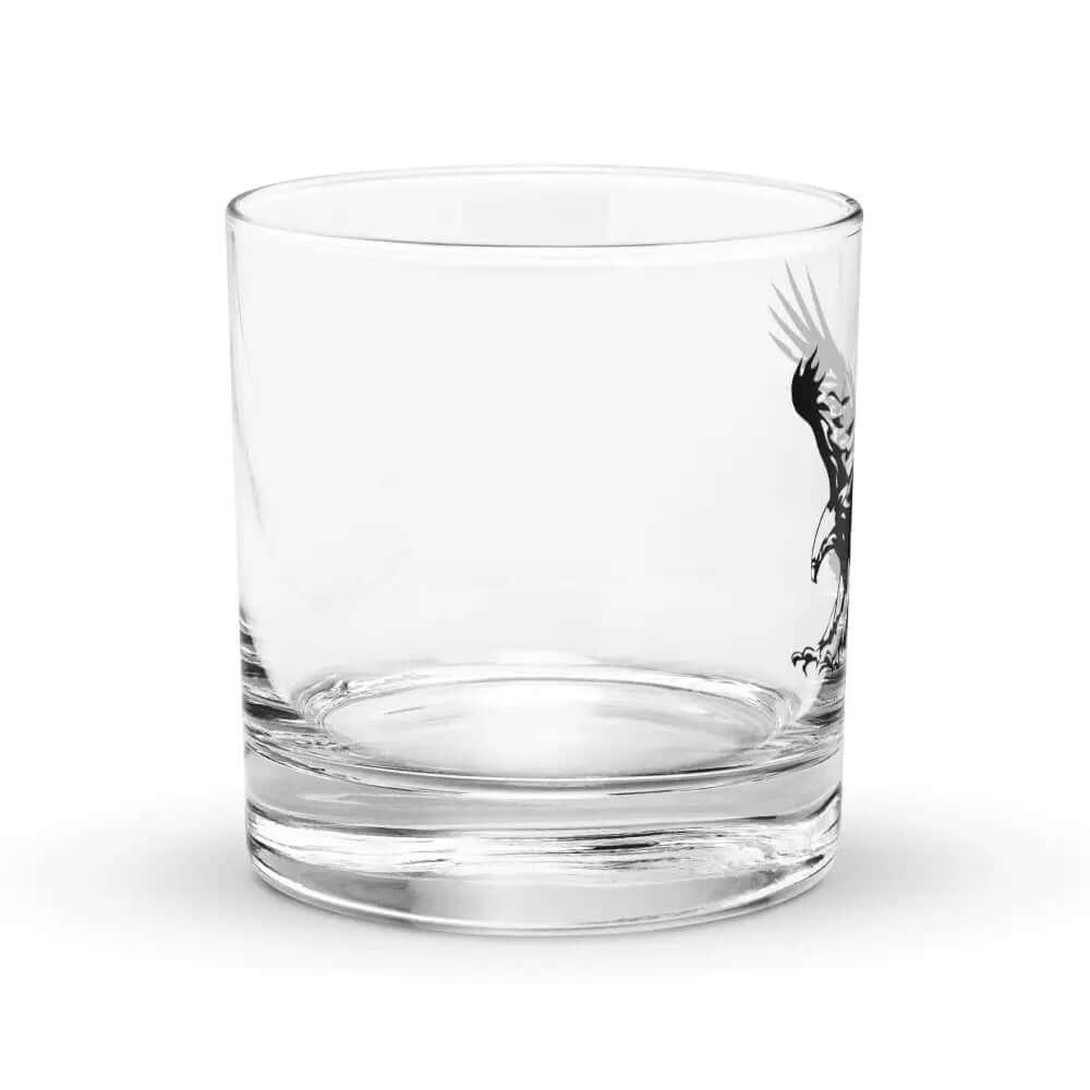 The 10.5 oz Eagle Rocks Glass features a partial black eagle design on clear glass—perfect for whiskey or bourbon, and makes a unique cocktail glass. Shown against a plain white background.