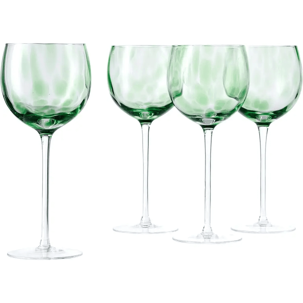 Set of 4 handmade 10 oz Blue Rose Polish Pottery Green Confetti large wine glasses are arranged on a white background.