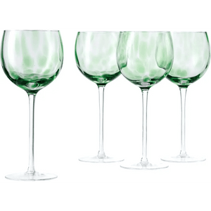 Set of 4 handmade 10 oz Blue Rose Polish Pottery Green Confetti large wine glasses are arranged on a white background.