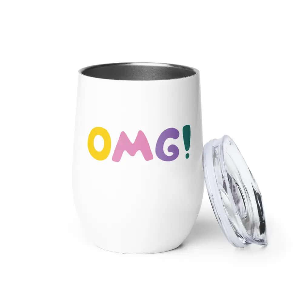 The 12 oz OMG Wine Tumbler features colorful “OMG!” text, a clear lid, and double-wall vacuum insulation to keep drinks at the perfect temperature. Great as a travel mug or coffee tumbler.