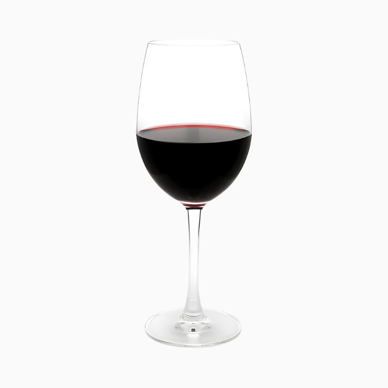 One of the 16 Ounce Pinot Noir Wine Glasses from the Set Of 6 Stemmed Crystal Wine Glasses, filled halfway with red wine, sits against a plain white background.