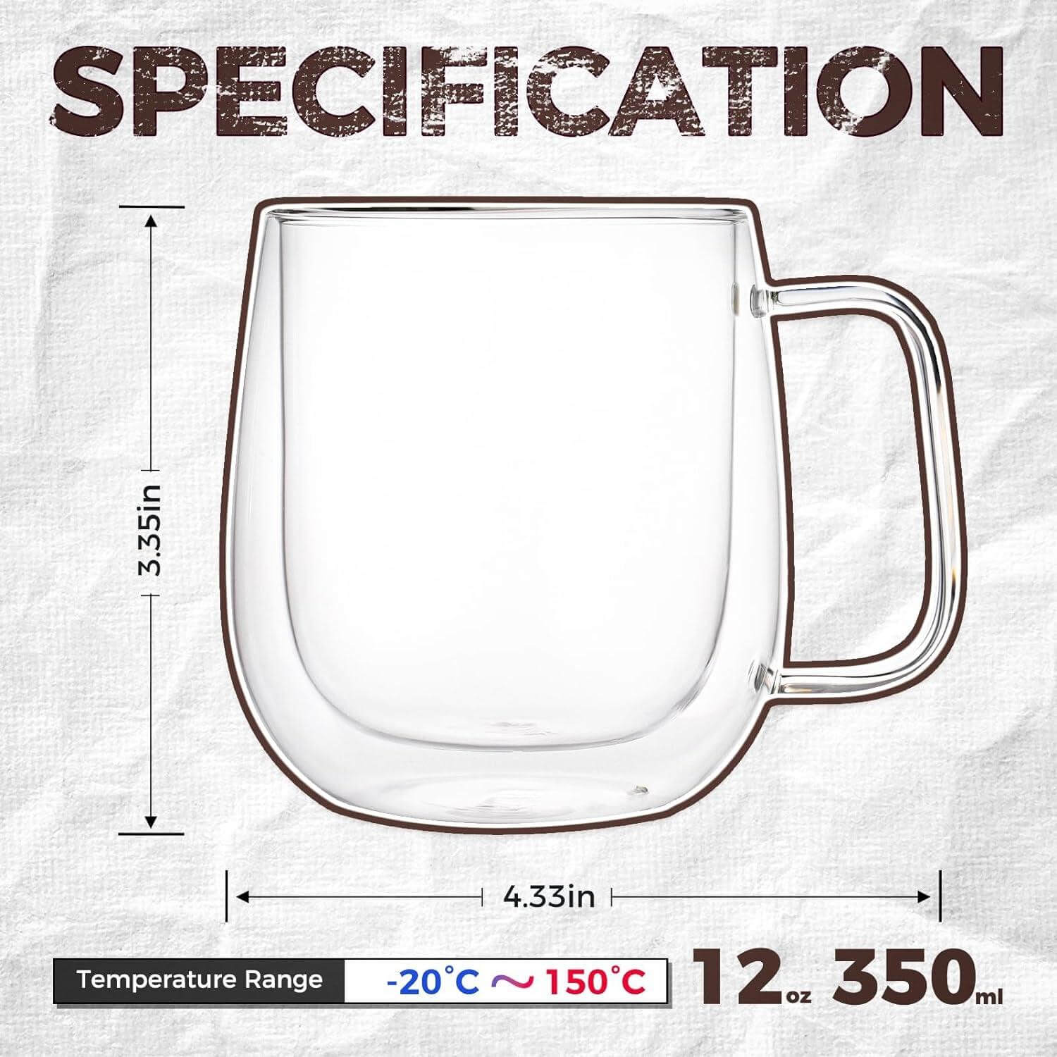 2 Pack 12 oz Double Walled Glass Coffee Mugs with handle, Thermal Insulted No Condensation