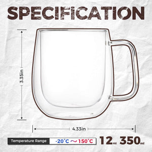 2 Pack 12 oz Double Walled Glass Coffee Mugs with handle, Thermal Insulted No Condensation