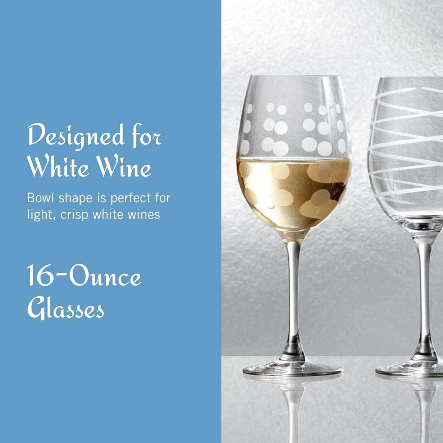 A set of 4 Mikasa Cheers White Wine Glasses (16 oz each) is displayed, one filled with white wine, showcasing their decorative patterns and elegant design for enjoying white wine.