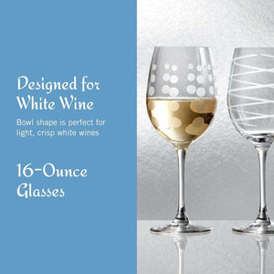 A set of 4 Mikasa Cheers White Wine Glasses (16 oz each) is displayed, one filled with white wine, showcasing their decorative patterns and elegant design for enjoying white wine.