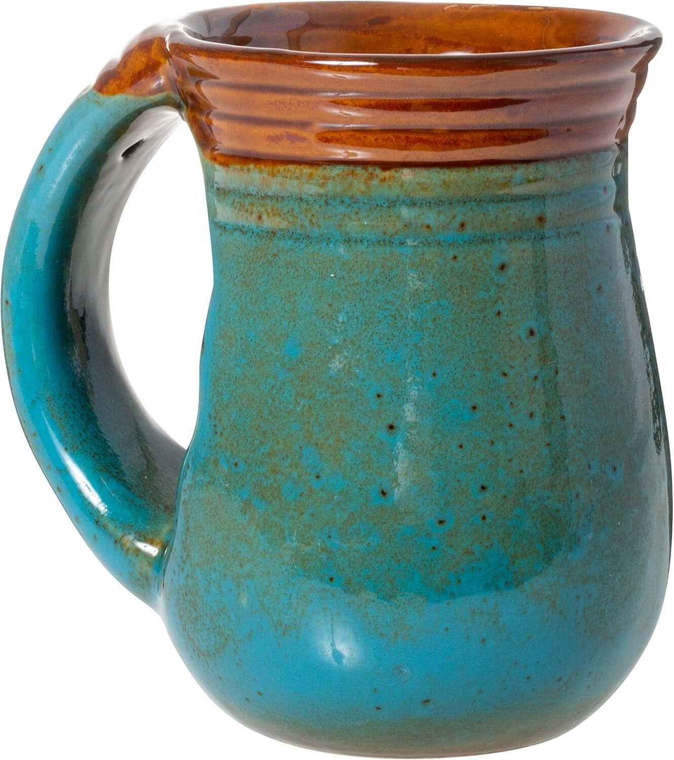 The 18oz Stoneware Handwarmer Mug, Turtle features a rounded ceramic body with a large handle and brown rim—perfect for cozy drinks and fans of handwarmer mugs.