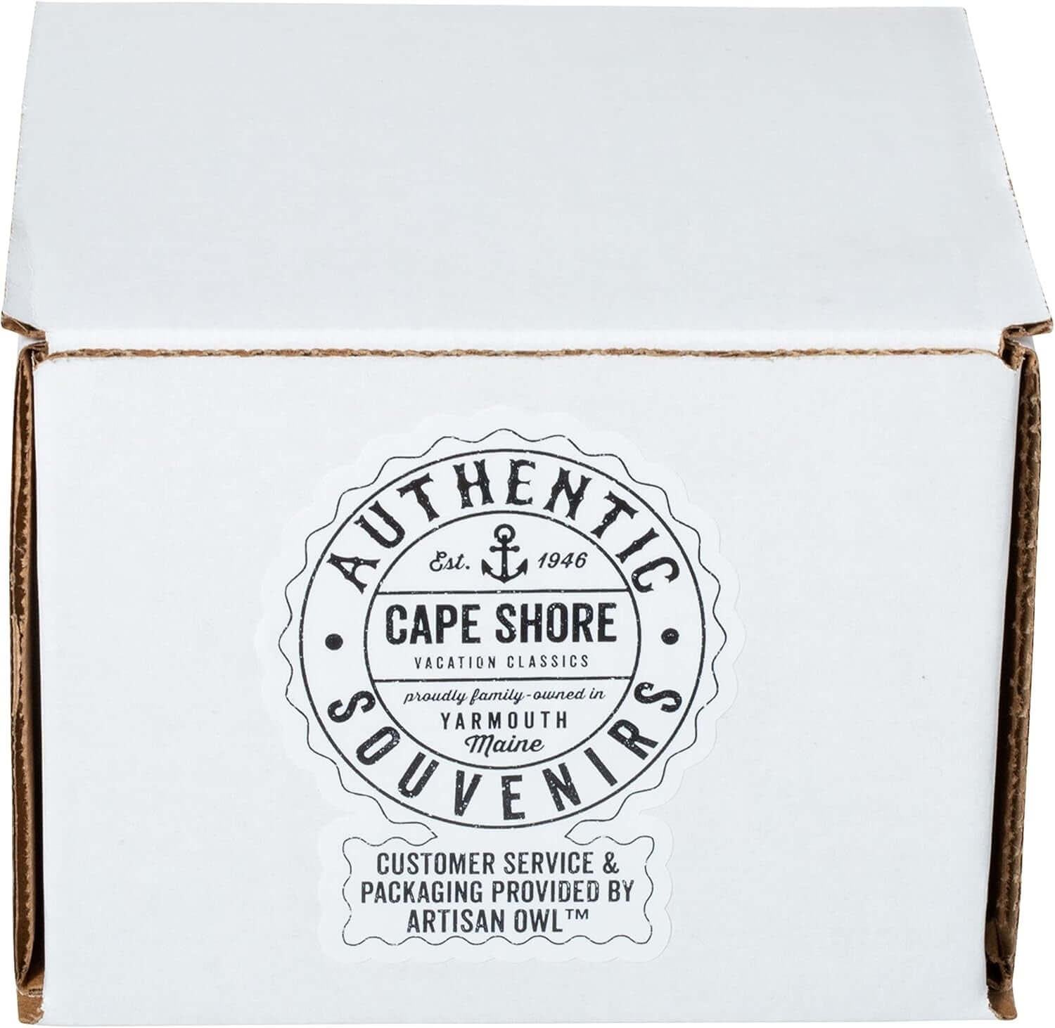 A white cardboard box with "Authentic Souvenirs, Cape Shore, Yarmouth Maine—Customer Service & Packaging Provided by Artisan Owl" label. Ideal for gifting the 18oz Stoneware Handwarmer Mug, Turtle.