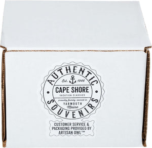 A white cardboard box with "Authentic Souvenirs, Cape Shore, Yarmouth Maine—Customer Service & Packaging Provided by Artisan Owl" label. Ideal for gifting the 18oz Stoneware Handwarmer Mug, Turtle.
