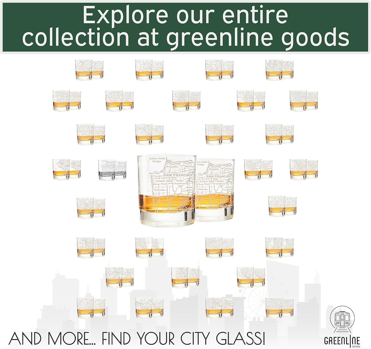 Discover our 10 oz San Francisco Whiskey Glasses—etched tumblers perfect for city lovers. Explore the full collection at Greenline Goods to find your unique gift glass!.