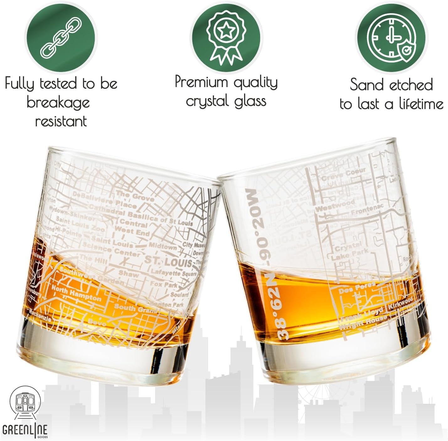 Two 10oz whiskey glasses for St Louis lovers clink, showcasing breakage resistance and premium crystal with a durable sand-etched city map—standout glassware in a set of 2.