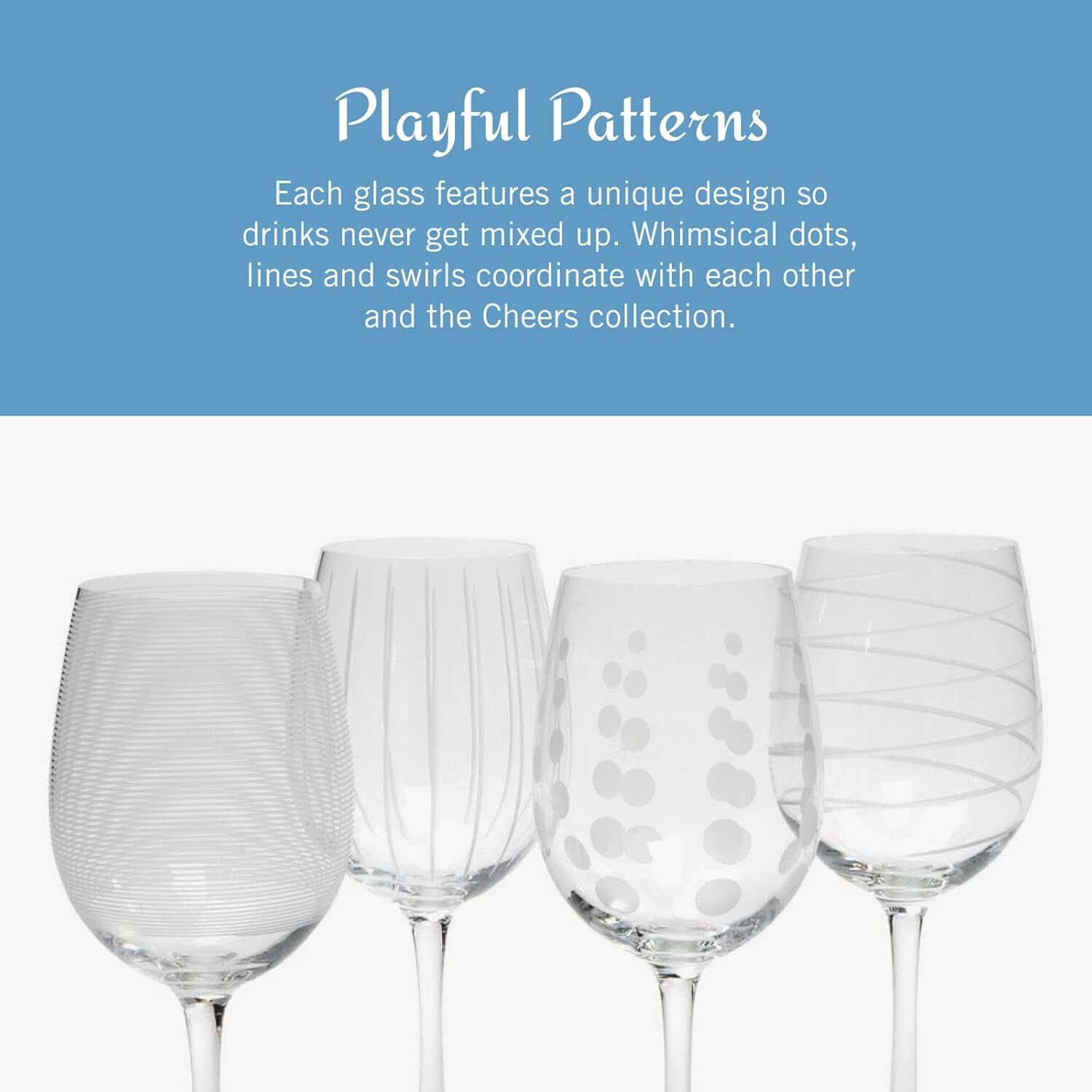 The Cheers White Wine Glasses set includes 4 elegant 16-ounce glasses, each featuring a unique etched pattern—lines, stripes, dots, or swirls—for a stylish presentation.