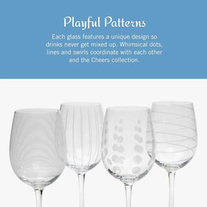 The Cheers White Wine Glasses set includes 4 elegant 16-ounce glasses, each featuring a unique etched pattern—lines, stripes, dots, or swirls—for a stylish presentation.