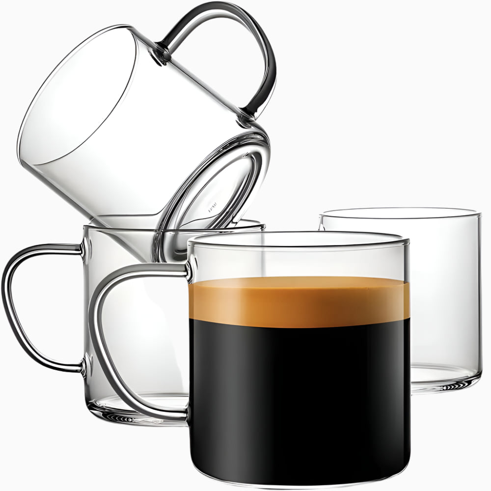 The 4pcs Set Simple Glass Coffee Mugs-Hand Blown, 14 oz includes modern mugs, with three empty and one filled with coffee topped with crema—making them perfect gifts for any occasion.