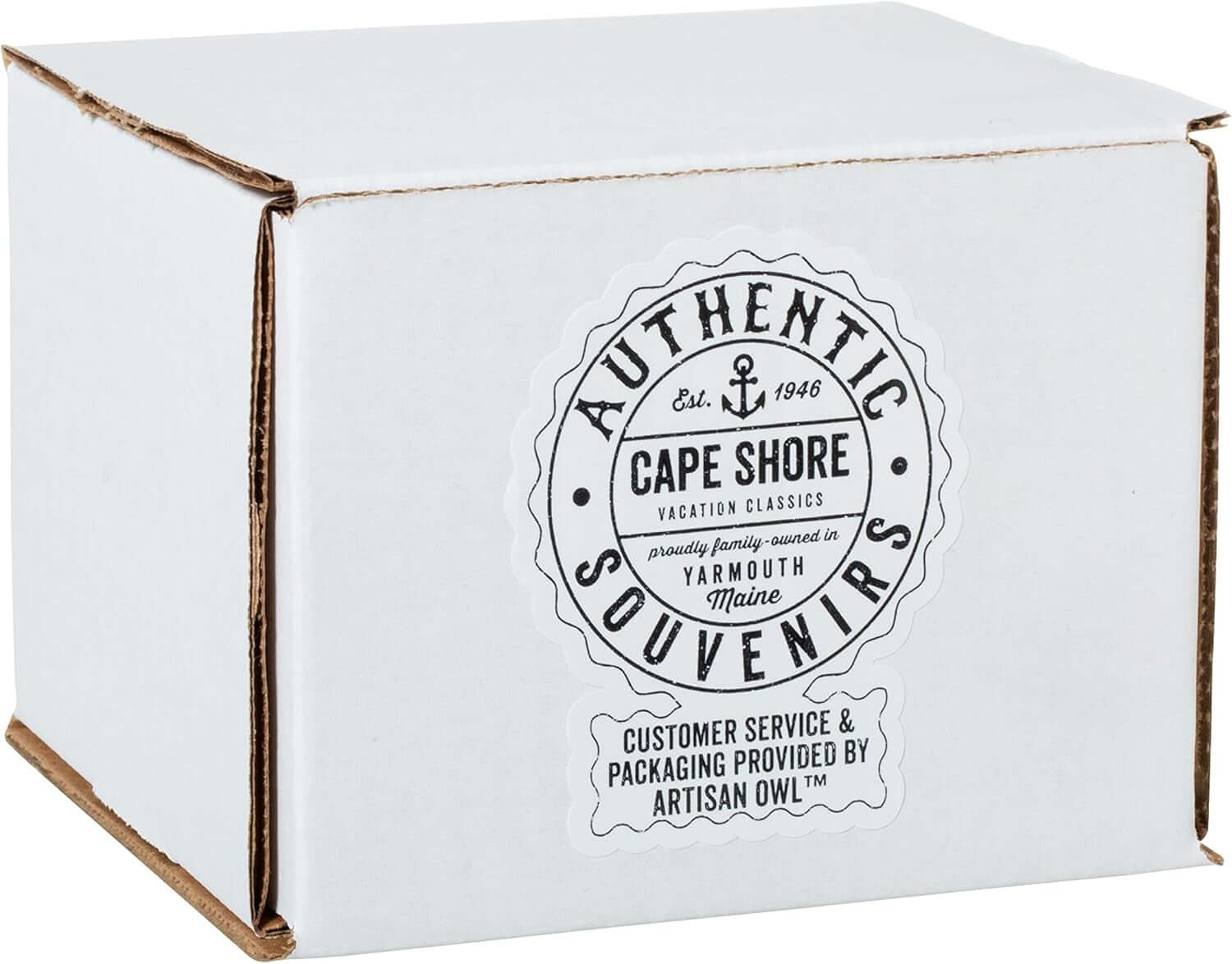 A white box labeled Authentic Cape Shore Souvenirs, Yarmouth, Maine, and packaged by Artisan Owl; perfect for gifting the 18oz Stoneware Handwarmer Mug, Turtle.
