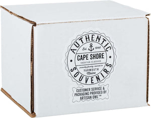 A white box labeled Authentic Cape Shore Souvenirs, Yarmouth, Maine, and packaged by Artisan Owl; perfect for gifting the 18oz Stoneware Handwarmer Mug, Turtle.
