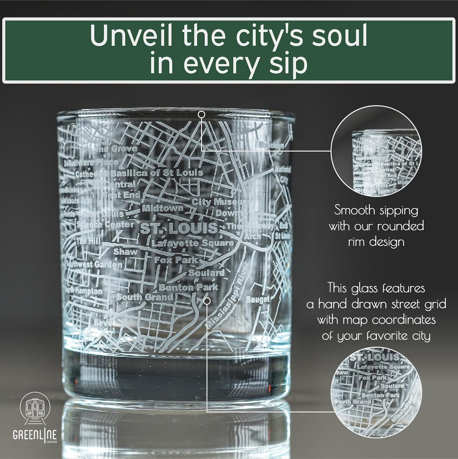 Enjoy your favorite drink with this set of two 10 oz whiskey glasses, each featuring a sand-etched, hand-drawn street map of St. Louis and a smooth, rounded rim—perfect for St. Louis lovers.
