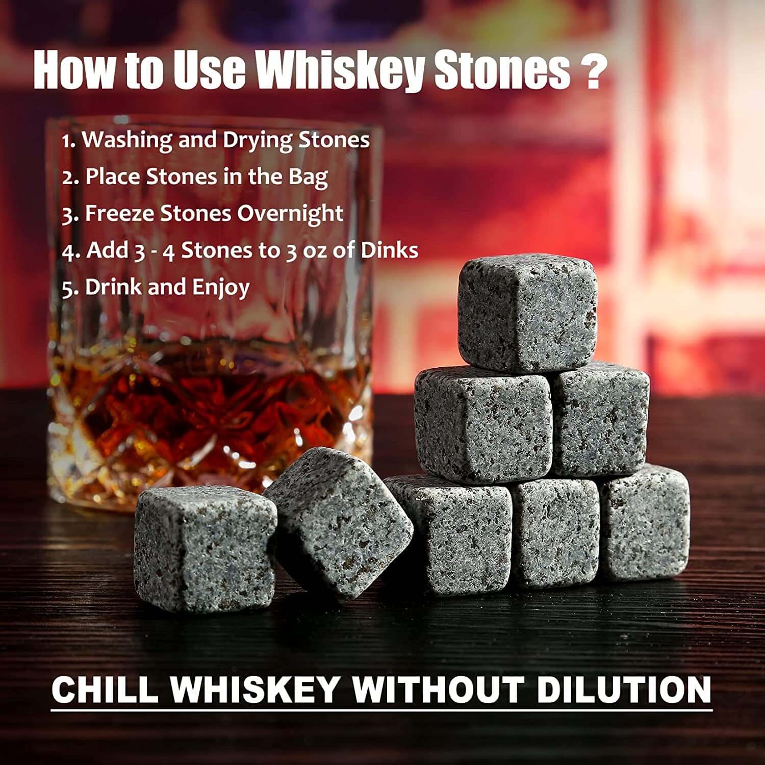 A stack of Granite Chilling Whiskey Rocks sits in front of a glass from the Whiskey Stones Gift Set (includes 2 whiskey glasses), with text explaining how to use these stones—perfect for men—to chill drinks without dilution.