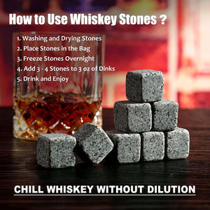 A stack of Granite Chilling Whiskey Rocks sits in front of a glass from the Whiskey Stones Gift Set (includes 2 whiskey glasses), with text explaining how to use these stones—perfect for men—to chill drinks without dilution.