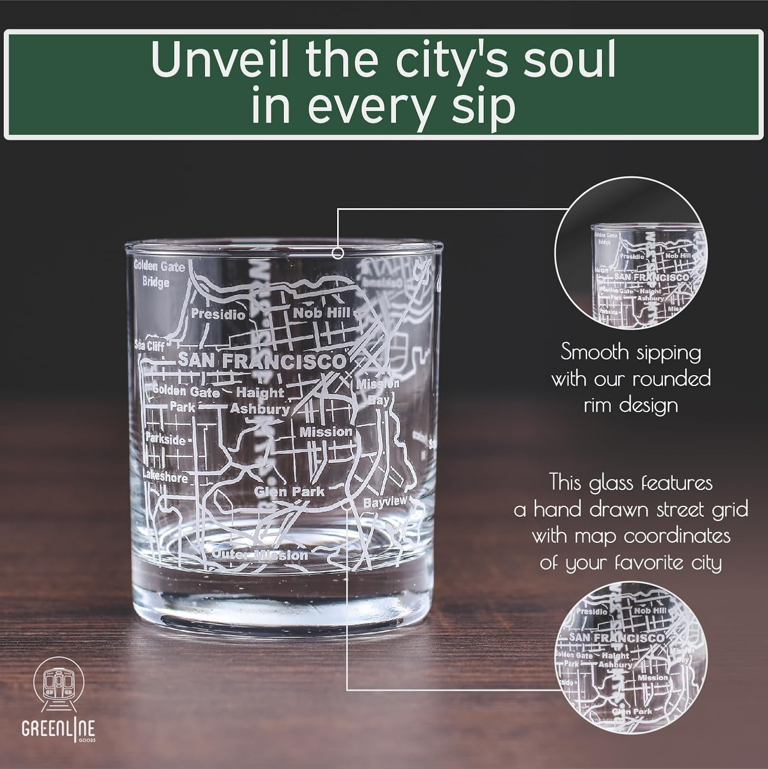 The Whiskey Glasses - 10 Oz Tumbler Gift Set for San Francisco lovers features a clear etched city map on the rounded rim—a hand-drawn, detailed street design that's a unique gift for collectors, shown resting elegantly on wood.