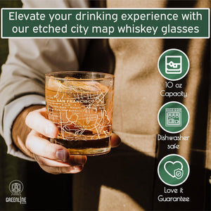 A person holds a Whiskey Glasses - 10 Oz Tumbler Gift Set for San Francisco lovers, etched with the city map; this unique gift is dishwasher safe and comes with a satisfaction guarantee.