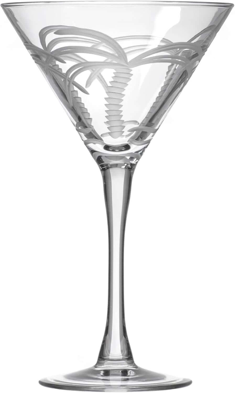 Palm Tree Martini Glass, set of 4 stemmed 10 oz lead-free glasses, features an etched palm tree design. Shown against a white background.