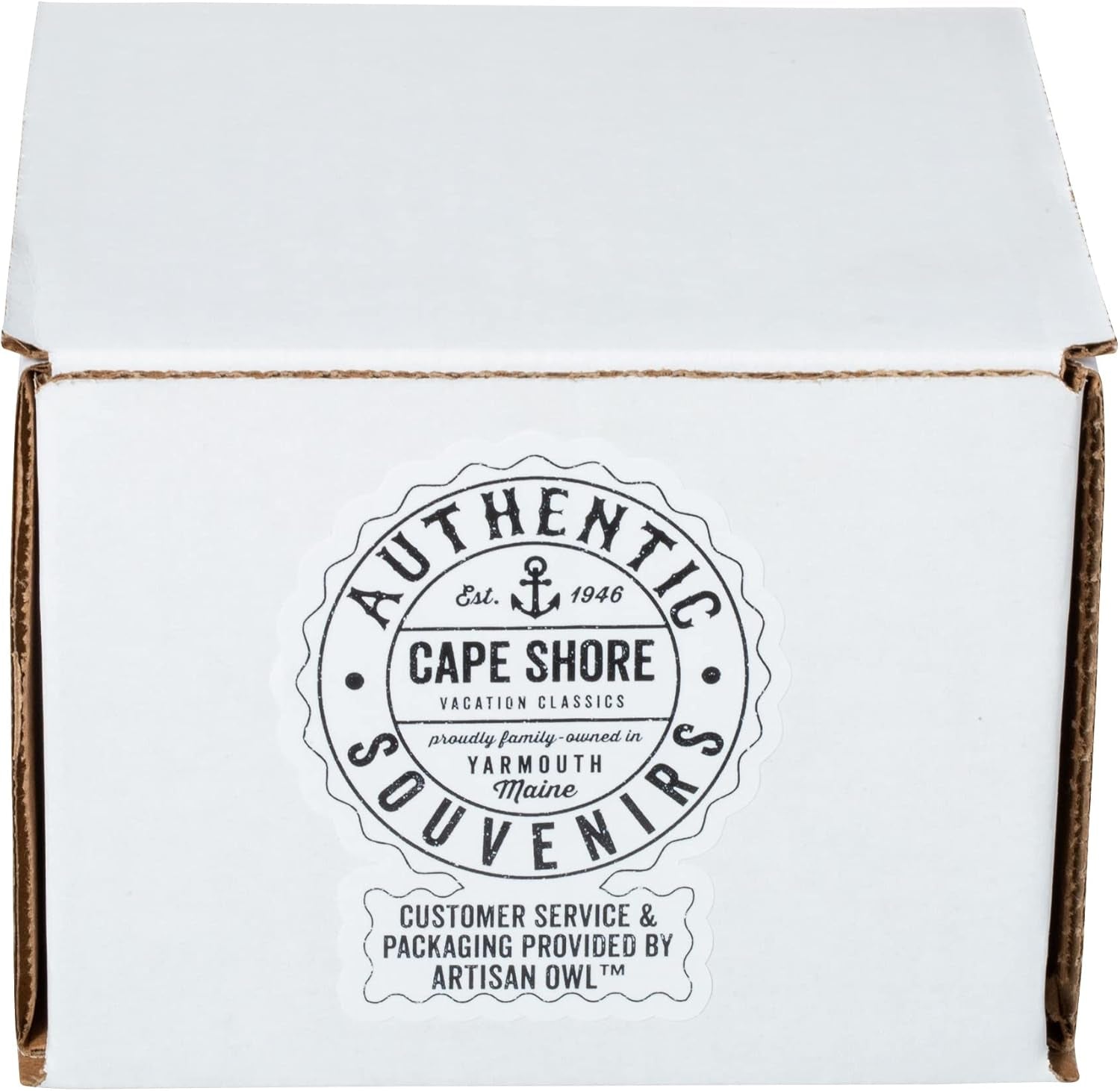 A white box with a circular "Authentic Souvenirs, Cape Shore, Yarmouth Maine" label and an Artisan Owl customer service note—perfect for gifting the 18oz Stoneware Handwarmer Mug, Moose.