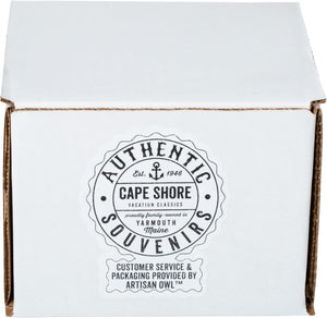 A white box with a circular "Authentic Souvenirs, Cape Shore, Yarmouth Maine" label and an Artisan Owl customer service note—perfect for gifting the 18oz Stoneware Handwarmer Mug, Moose.