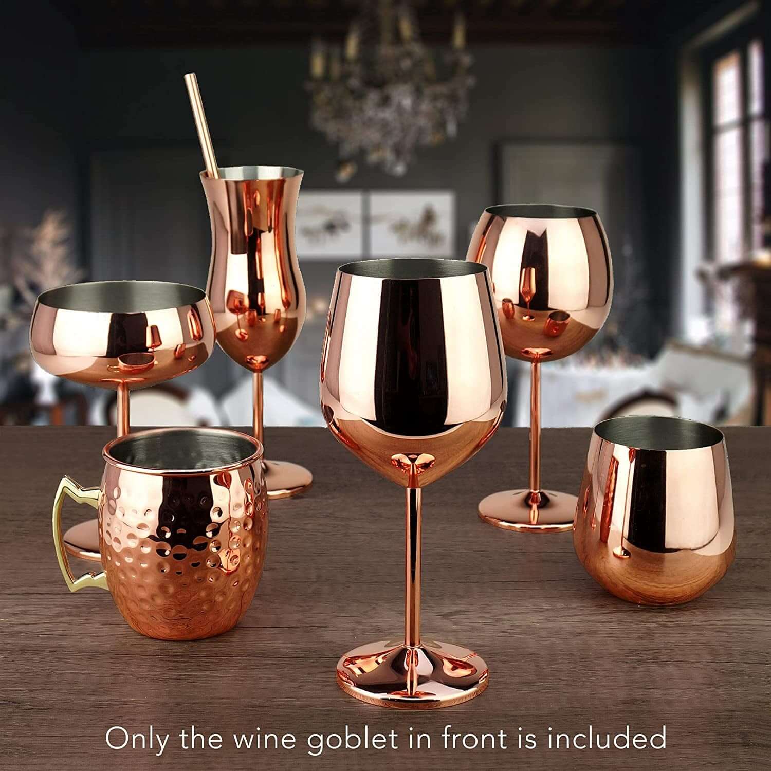 Only the front copper/rose gold stem stainless steel wine glass from the 4-piece 18.5 oz set is included, as indicated by text at the bottom; other glasses on the wooden table are not part of the purchase.