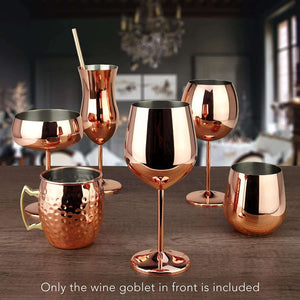 Only the front copper/rose gold stem stainless steel wine glass from the 4-piece 18.5 oz set is included, as indicated by text at the bottom; other glasses on the wooden table are not part of the purchase.