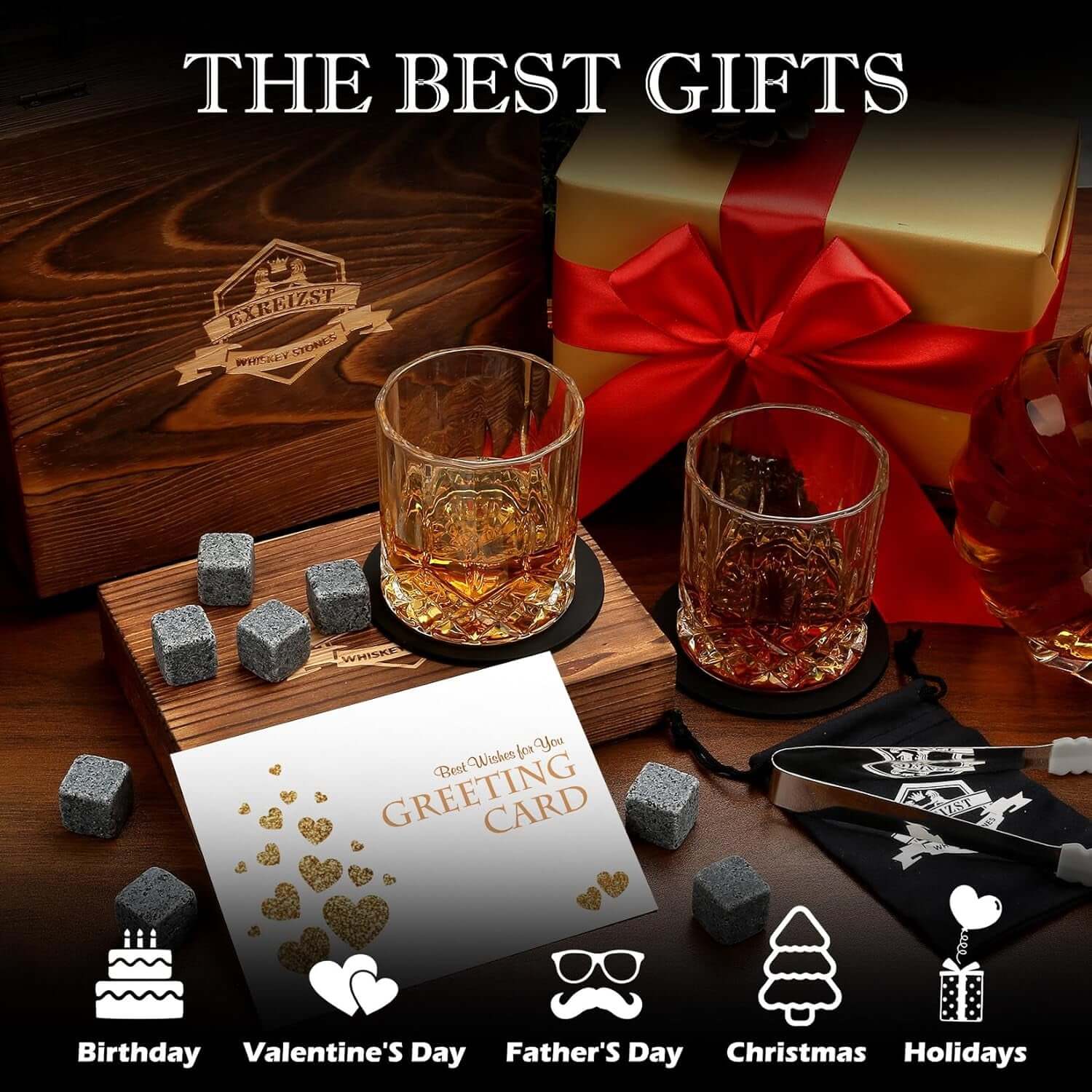 The Whiskey Stones Gift Set includes 2 whiskey glasses, granite chilling rocks, tongs, and a greeting card in a wooden box—ideal for birthdays or holidays. Perfect gift for men to celebrate any occasion.