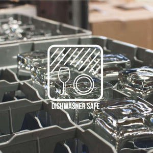 Set of 4 Palm Tree Martini Glasses, 10oz stemmed lead-free glassware, shown dishwasher safe in a rack. Features elegant engraved cocktail glasses with palm tree design; text overlay highlights their safety and style.