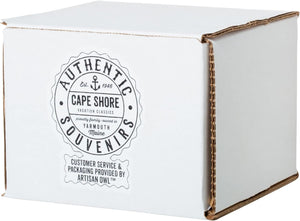 A white cardboard shipping box with Authentic Souvenirs Cape Shore branding and Artisan Owl packaging—ideal for safely shipping your 18oz Stoneware Handwarmer Mug, Moose.