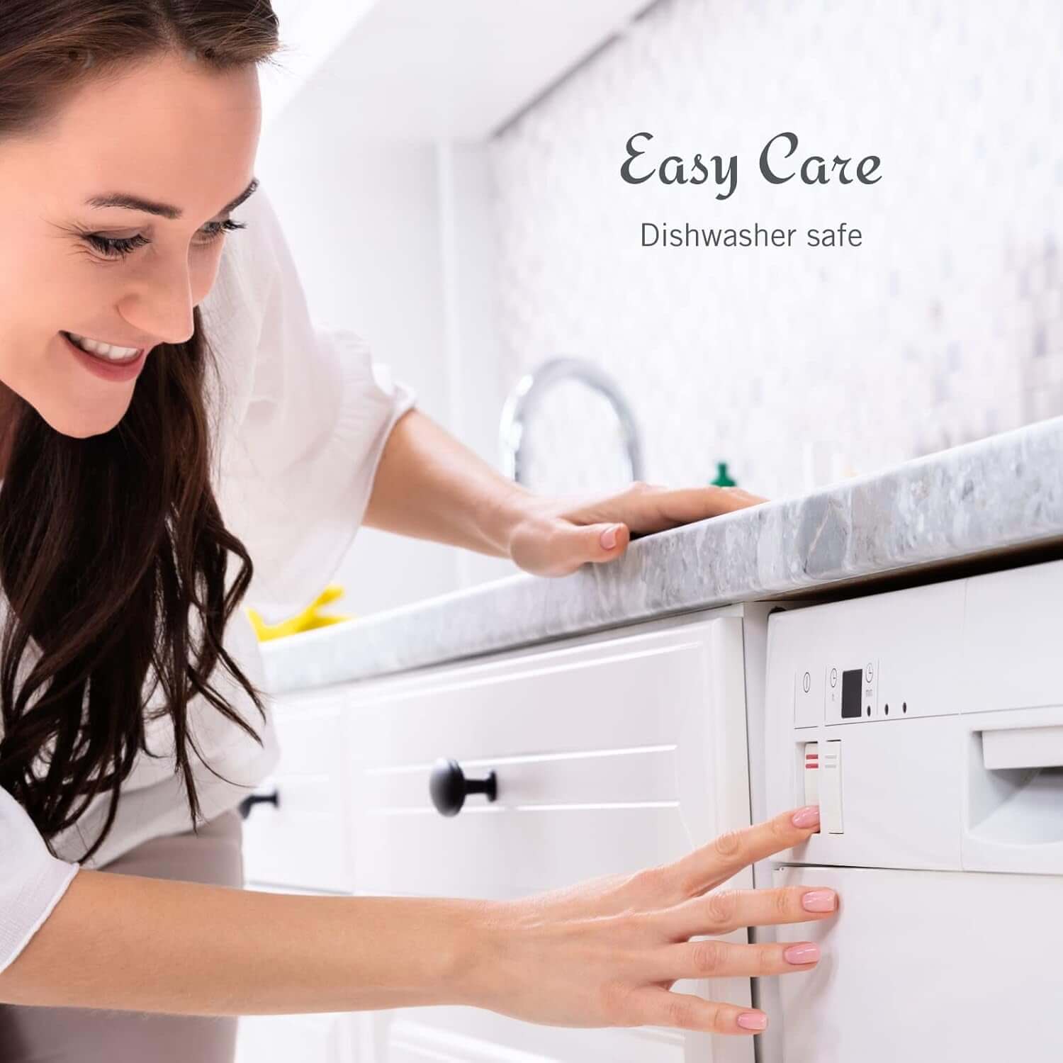 A woman smiles as she starts a dishwasher in a modern kitchen; text on the image reads “Easy Care Dishwasher safe Cheers White Wine Glasses, Set of 4, 16-ounce Wine Glasses.”.