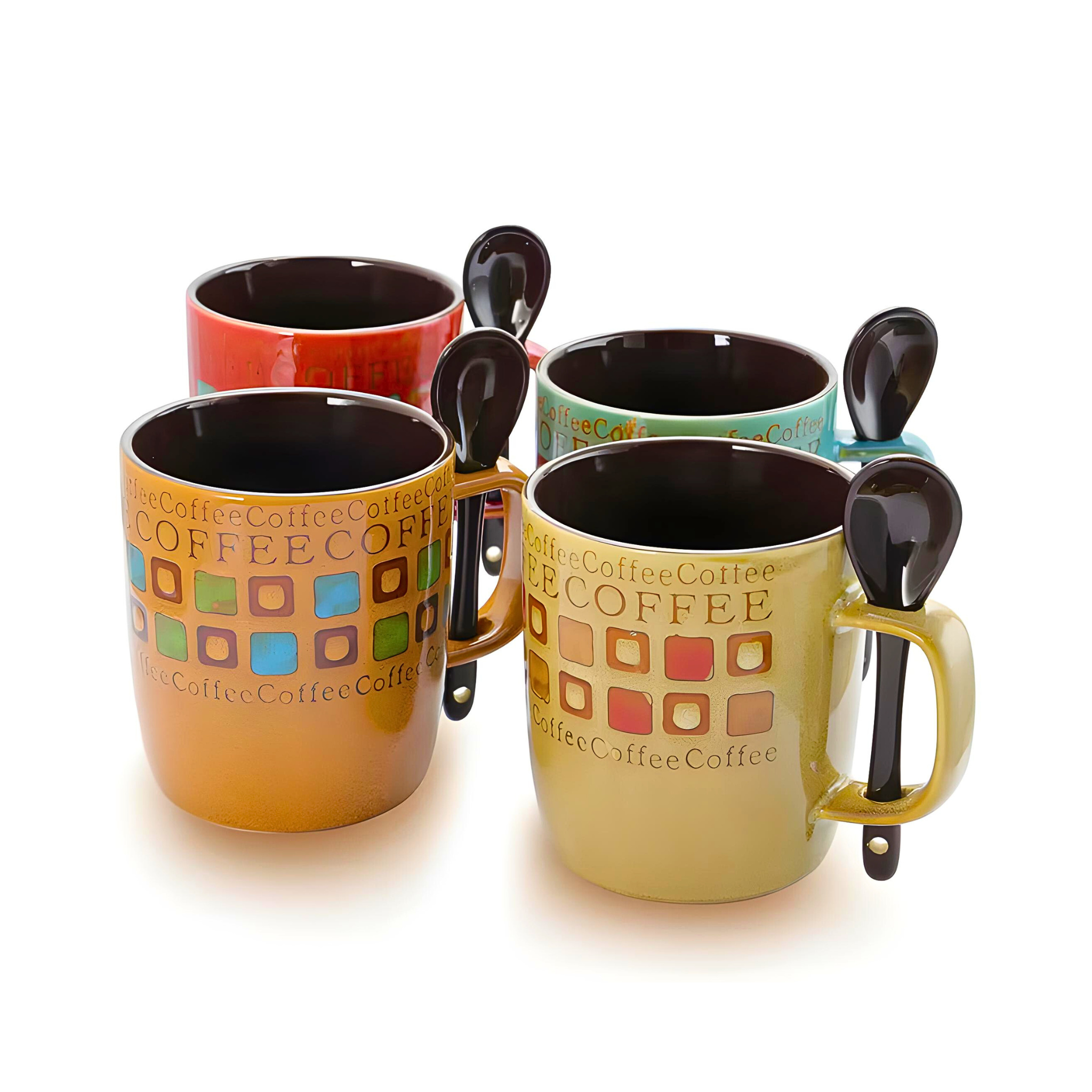 The Cafe Americano 13 oz. Assorted Color Mugs (Set of 4) features vibrant stoneware mugs with square patterns, “coffee” text, matching spoons slotted in the handles, and are dishwasher safe for easy cleaning.