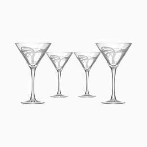 Set of four 10 oz lead-free Palm Tree Martini Glasses with etched palm tree designs, arranged in two rows on a white background.