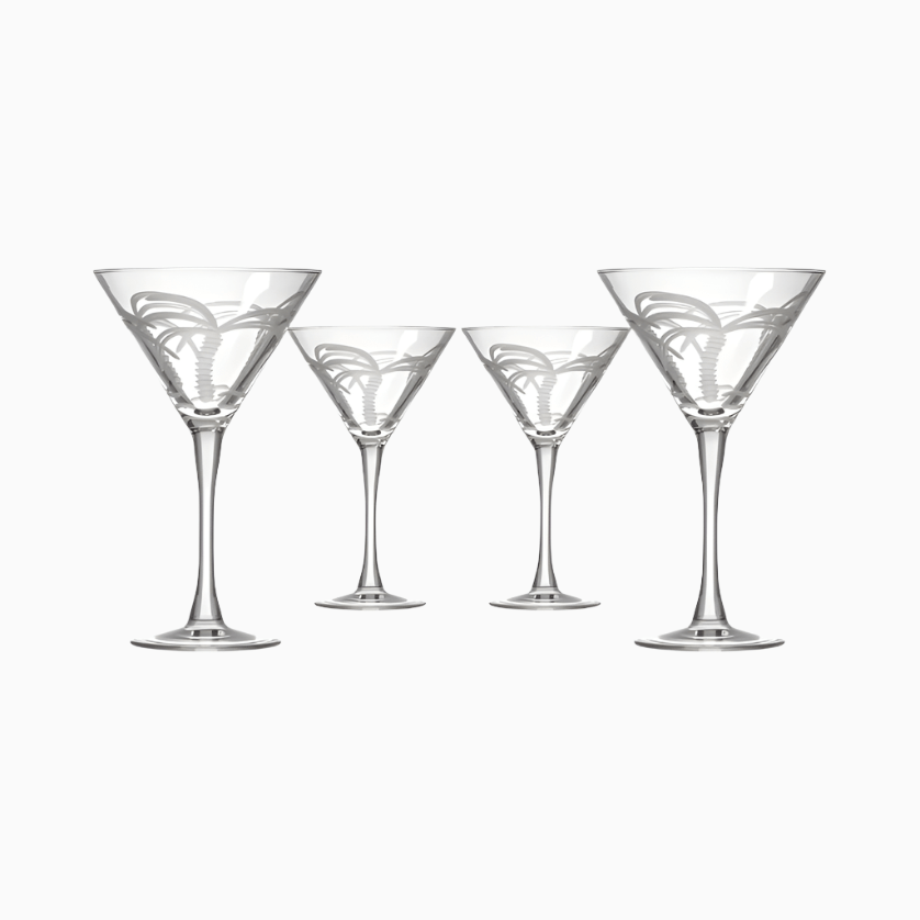 Set of four 10 oz lead-free Palm Tree Martini Glasses with etched palm tree designs, arranged in two rows on a white background.