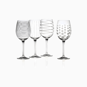 Set of 4 Cheers White Wine Glasses, each 16 oz, features unique etched patterns—horizontal lines, vertical lines, diagonal swirls, and polka dots. Stylish and perfect for serving white wine. Displayed against a white background.