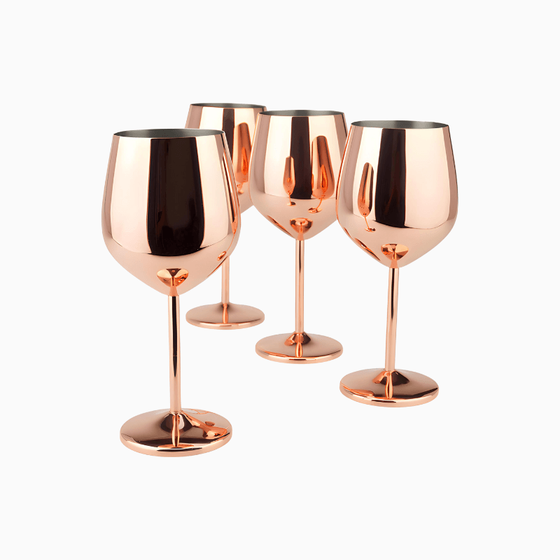 Four Copper/Rose Gold Stem Stainless Steel Wine Glasses (18.5 oz each) from the 4-piece set are arranged on a white background.
