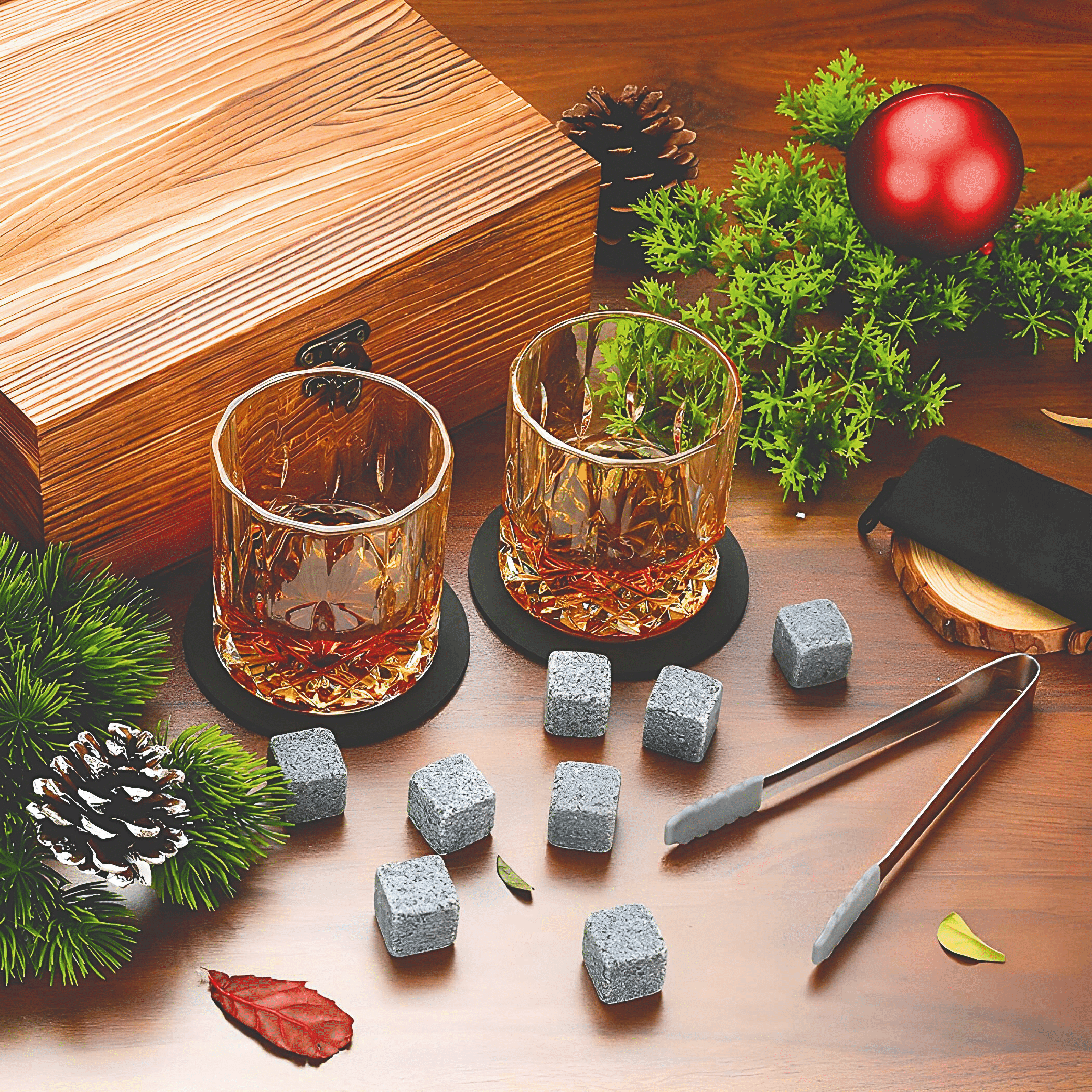 The Macchiaco Whisky Stones Set includes two 10oz whiskey glasses, whiskey stones, tongs, and a wooden gift box—an ideal, thoughtful gift for men and whiskey lovers.