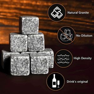 The Macchiaco Whisky Stones Set features six natural granite stones stacked beside a 10oz whiskey glass in a wooden gift box. Key features: no dilution, high density, preserves original taste—a stylish, perfect anniversary gift for men who love fine spirits.