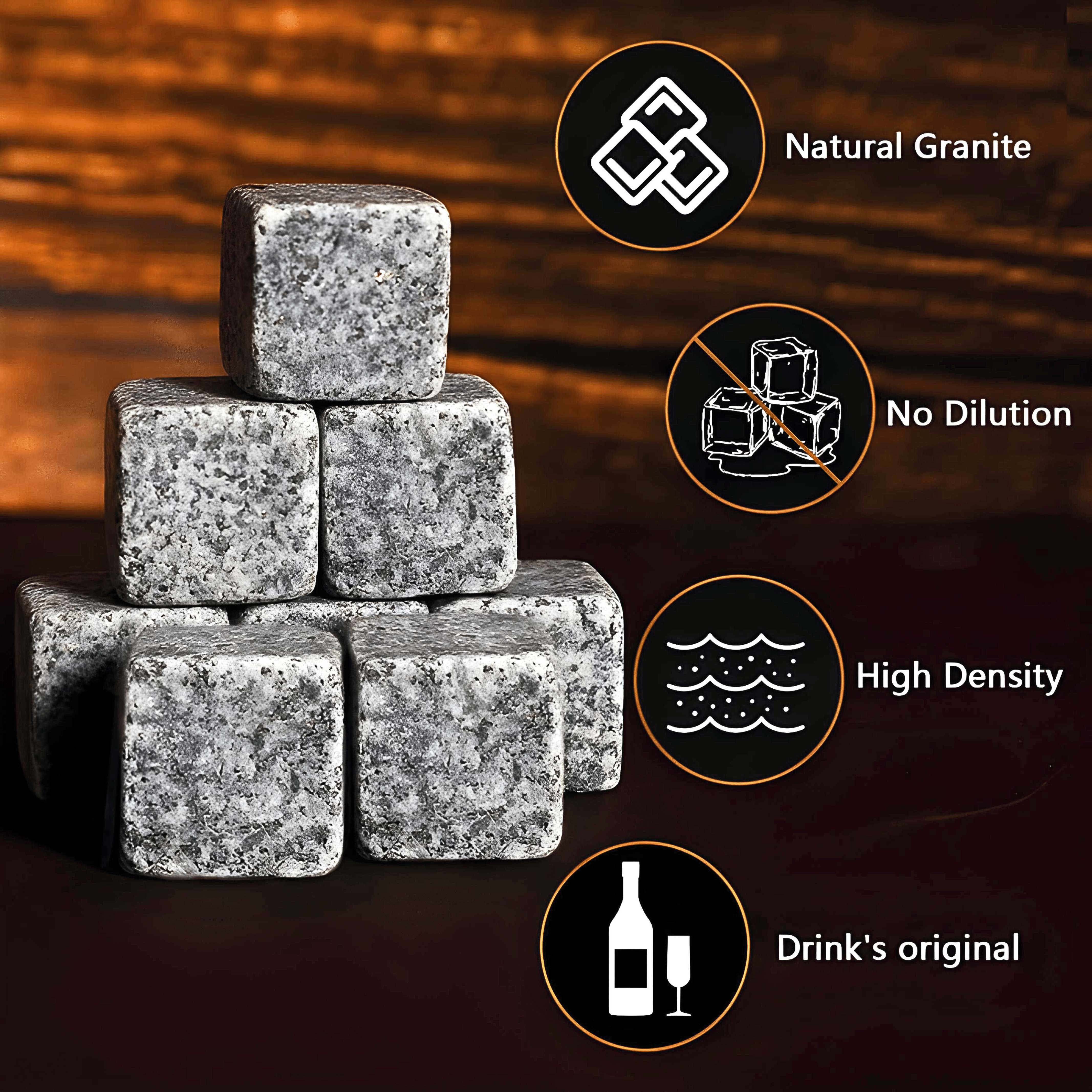 The Macchiaco Whisky Stones Set features six natural granite stones stacked beside a 10oz whiskey glass in a wooden gift box. Key features: no dilution, high density, preserves original taste—a stylish, perfect anniversary gift for men who love fine spirits.