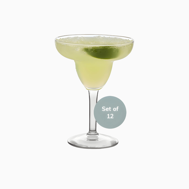 A margarita glass filled with a light green drink and a lime wedge, labeled Margarita Glasses Set of 12, Durable Large Margarita Glass, 9 Oz.