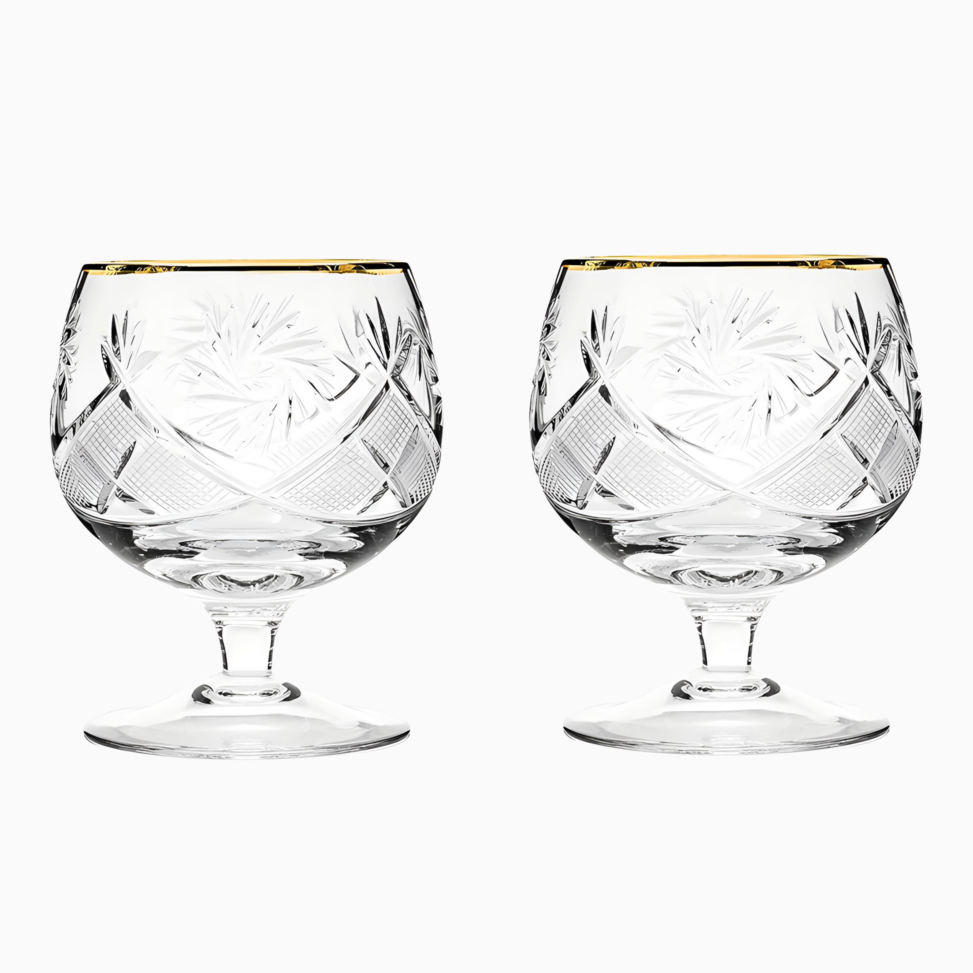 Set of 2 Russian Cut Crystal Brandy Snifter Glasses, 11-oz each, featuring elegant etched patterns and gold rims, displayed side by side on a white background.