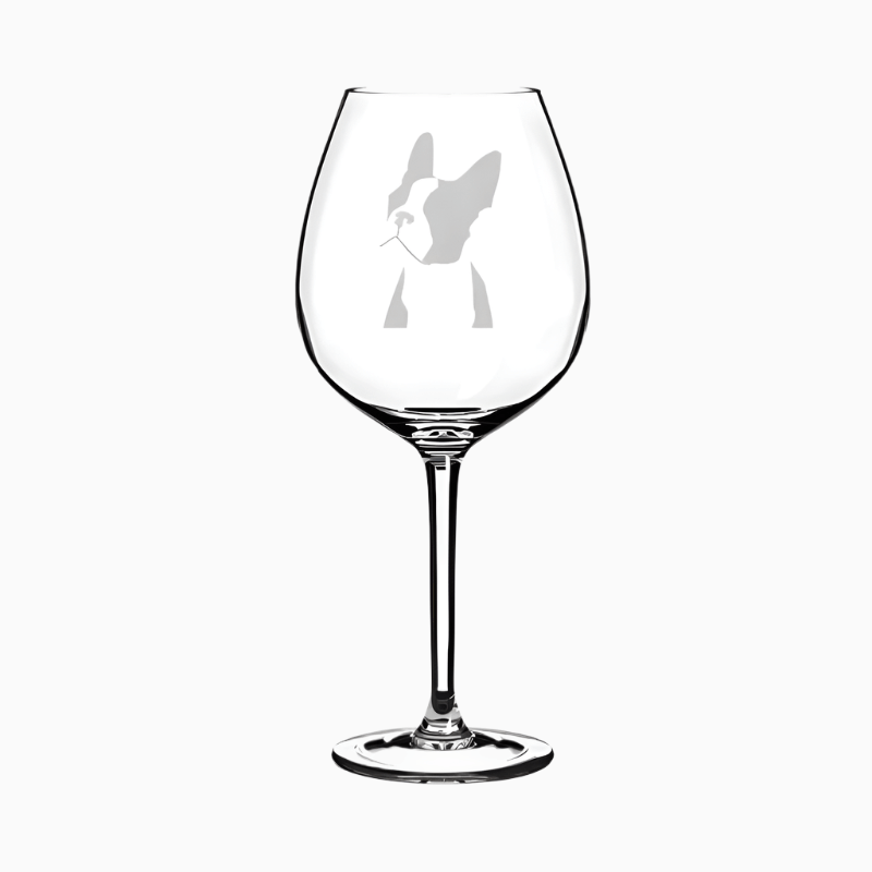 A clear 20 oz stemless wine glass goblet featuring an etched Boston Terrier face on the bowl.