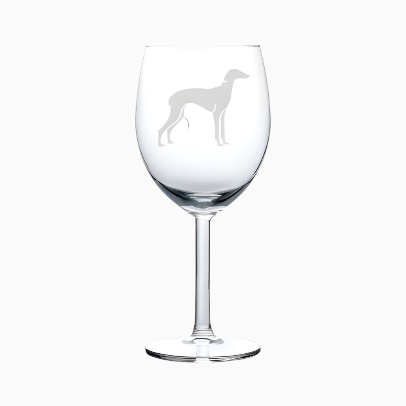 A 10 oz Wine Glass Goblet featuring an etched greyhound silhouette on its bowl, displayed against a plain white background.