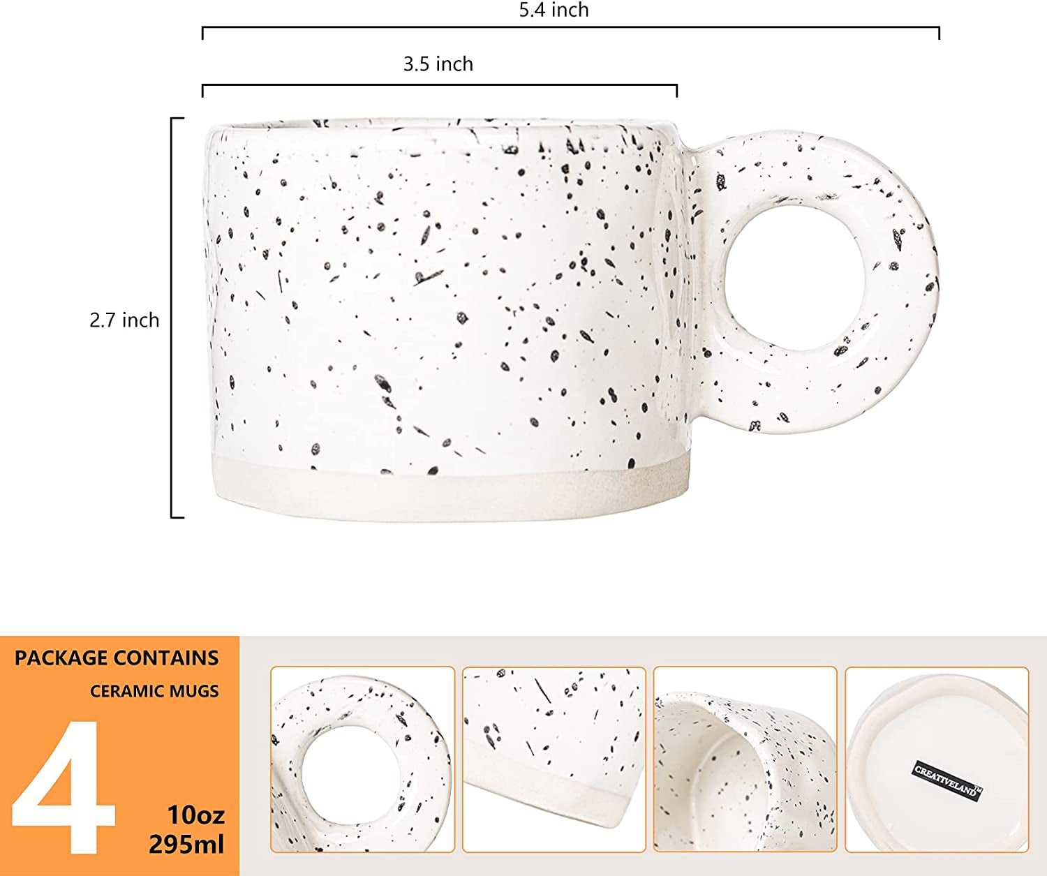 Ceramic Coffee Mugs, Stoneware Coffee Cups Set of 4 (10oz each), feature white ceramic with black speckles. Each mug measures 5.4" wide, 3.5" diameter, and 2.7" tall; dishwasher and microwave safe; various angle views shown.